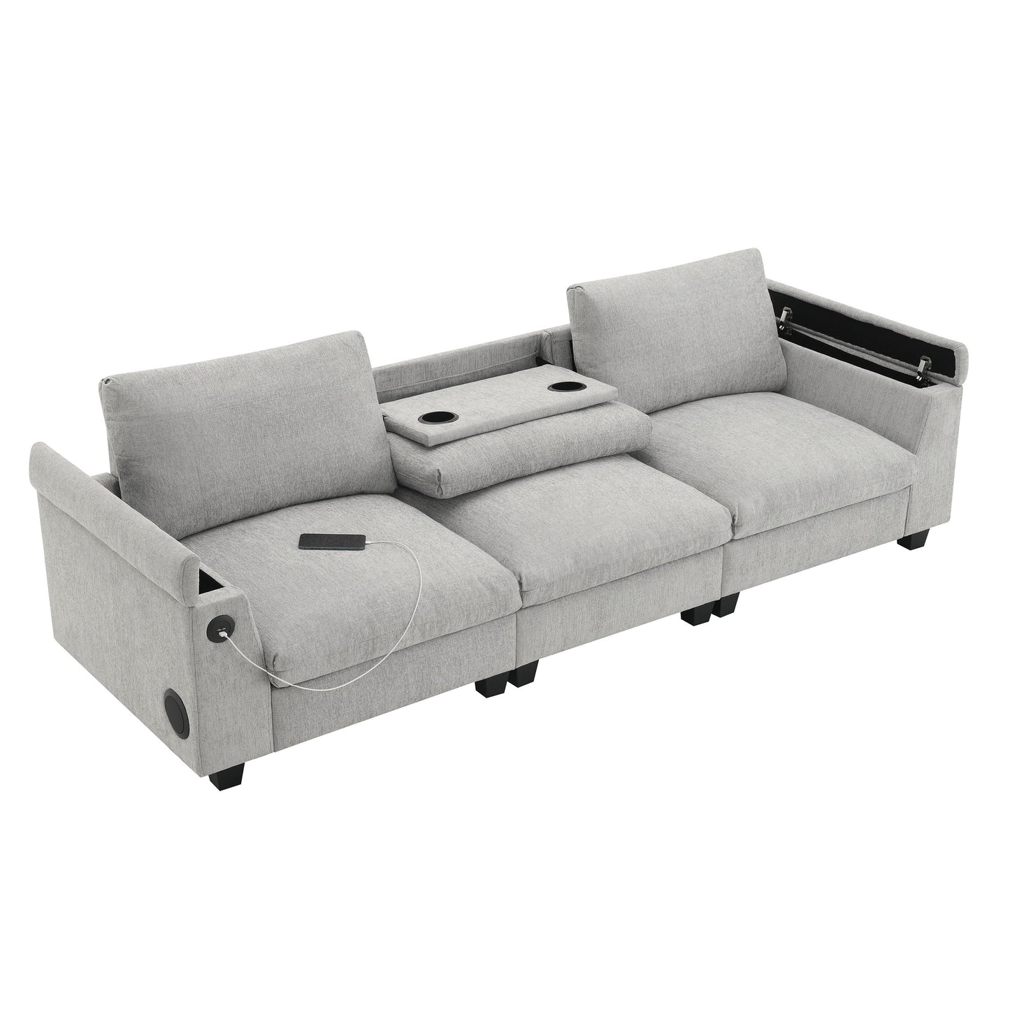 Sectional With Bluetooth Speaker Comfy Cloud Couch Set With Drop Down Table Cup Holders, USB Charger Storage Armrest Wide Seat Sofa