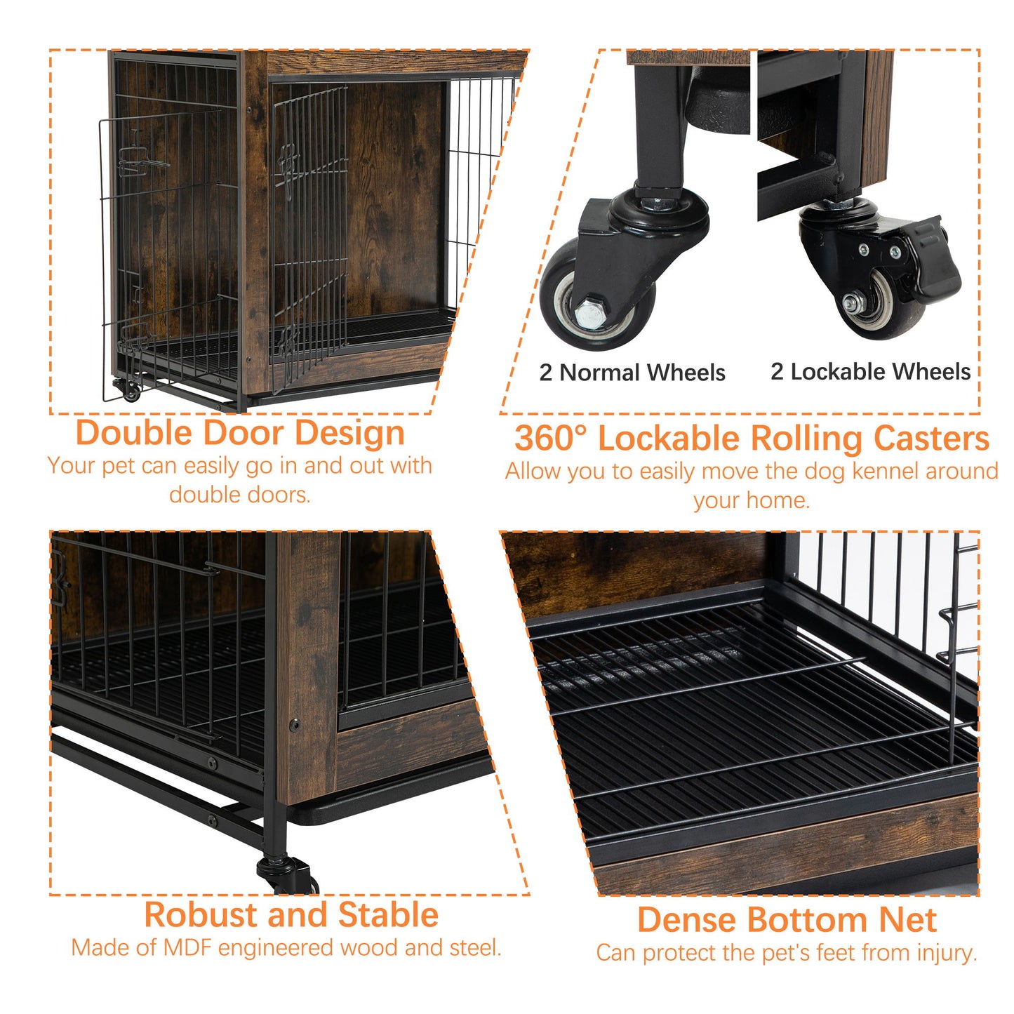 Dog Crate Furniture With Cushion, Wooden Dog Crate Table, Double-Doors Dog Furniture, Dog Kennel Indoor For Small Dog, Dog House, Dog Cage Small