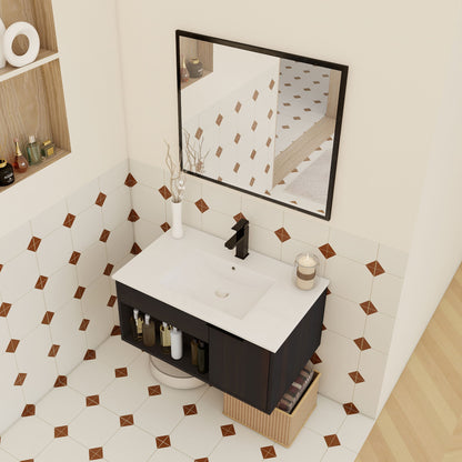 Wall Mounted Floating Bathroom Vanity With Open Shelf & Soft Close Door