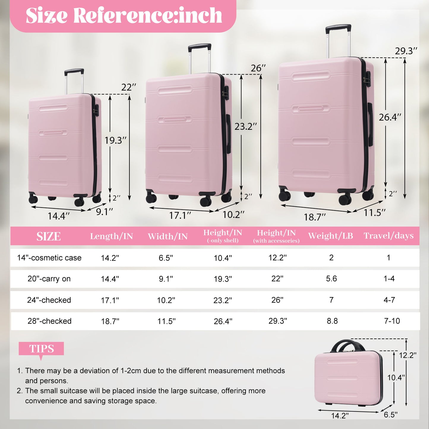 6 Piece Lightweight Hardshell Luggage Set With Double Spinner Wheels, Password Lock
