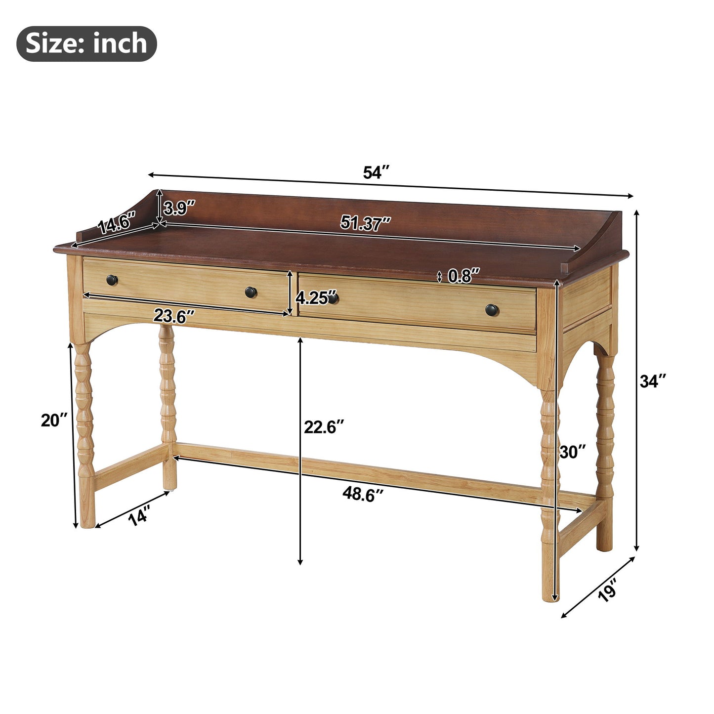 Writing Desk With 2 Storage Drawers, Workstation For Living Room - Brown / Natural