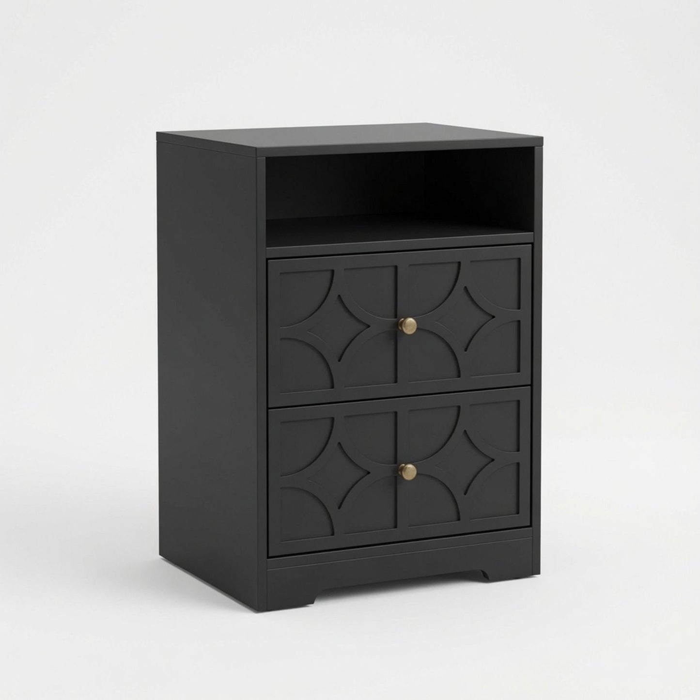 Nightstand With Diamond Carvings Handles, 2 Drawers & Charging Station