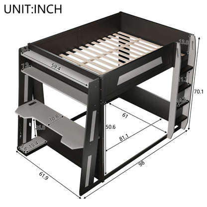Gaming Bunk Bed With Desk, 2 Storage Shelves, USB And LED Light