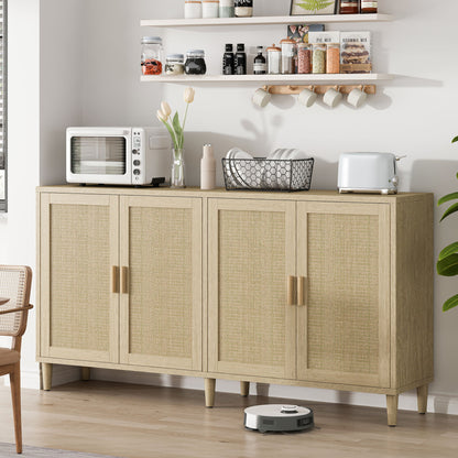Rattan Buffet Cabinet With Storage, 4 Door Sideboard, Adjustable Shelves - Natural