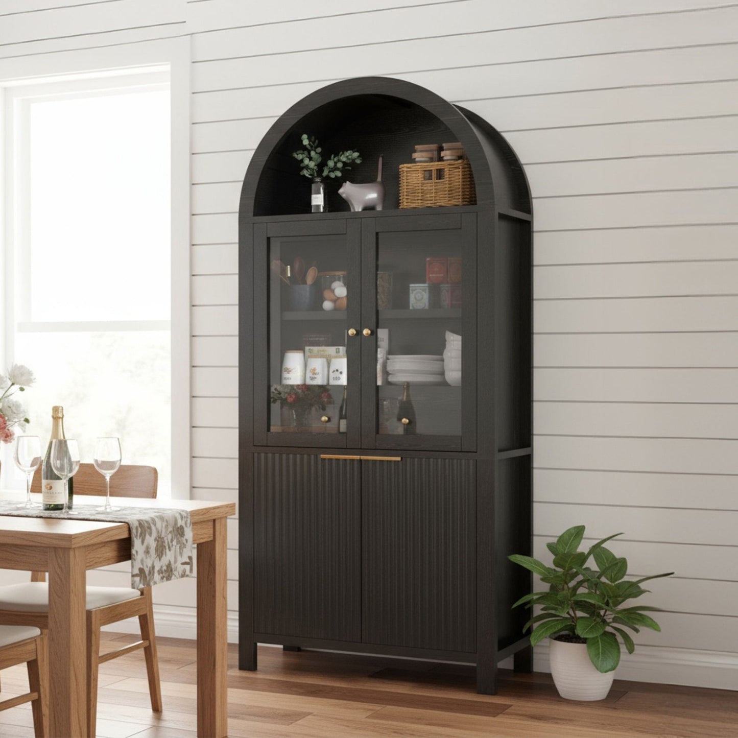 Fluted Tall Arched Pantry Cabinet With Adjustable Shelves