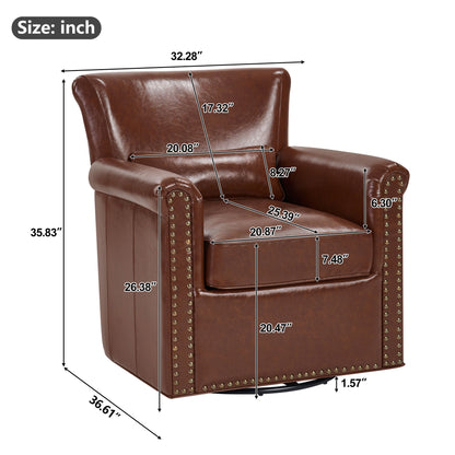 Swivel Accent Chair With Rolled Arm, Sewn Pillow Back, Nailhead Trim For Living Room
