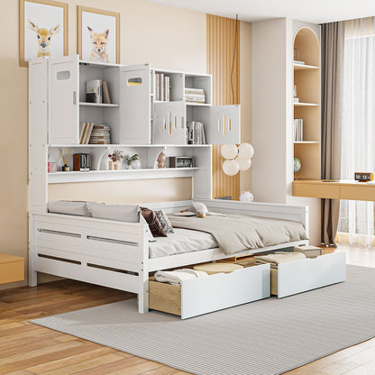 Wooden Daybed With 2 Drawers, And All-In-One Cabinet And Shelf