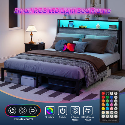 Bed Frame With Headboard, LED Lights & Charging Station