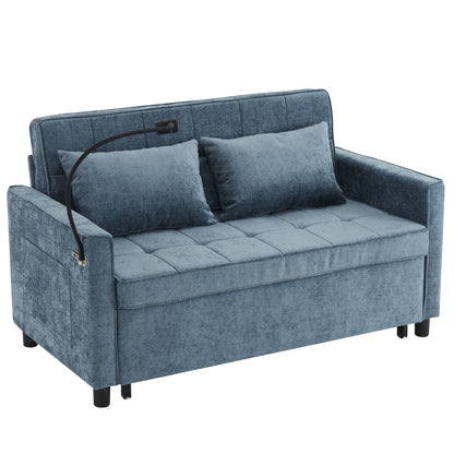Pull-Out Sleeper Sofa With Reversible Backrest Cushion, Side Pockets, 2 USB Ports And A Phone Holder For Living Room