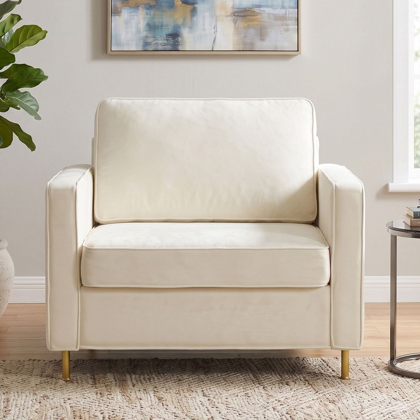 Accent Chair Upholstered Single Sofa With Square Arms, Sewn Pillow Back For Living Room