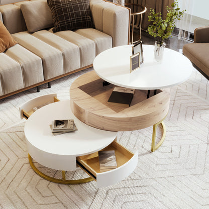 Modern Round Lift-Top Nesting Coffee Tables With 2 Drawers
