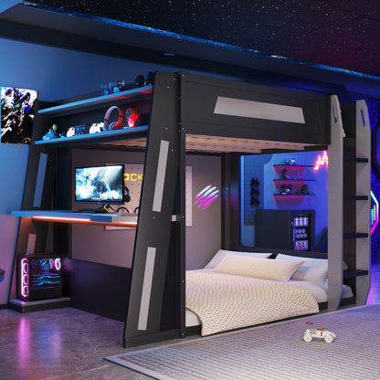 Gaming Bunk Bed With Desk, 2 Storage Shelves, USB And LED Light