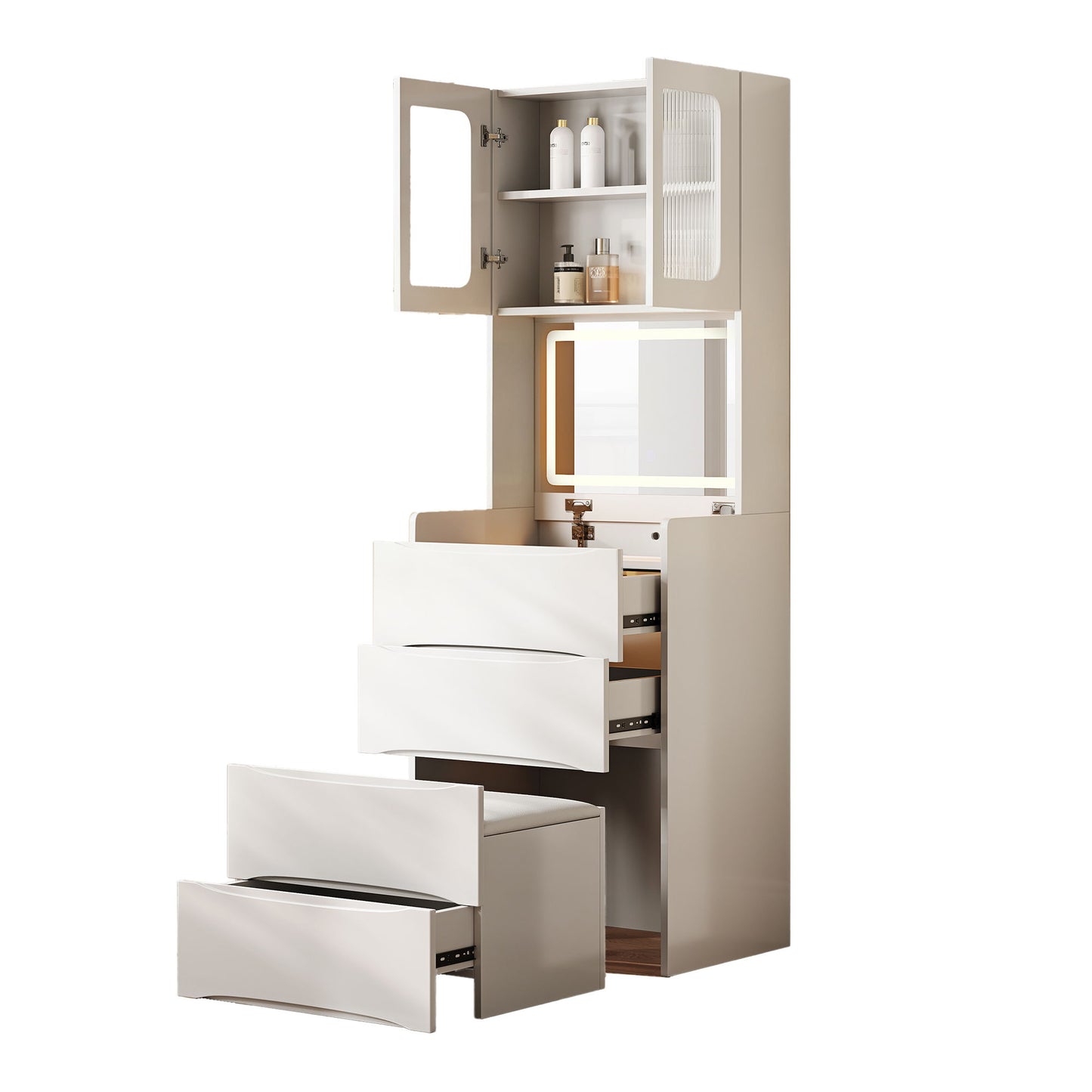 3 In 1 Vanity Table With LED Mirror & Storage Stool For Bedroom