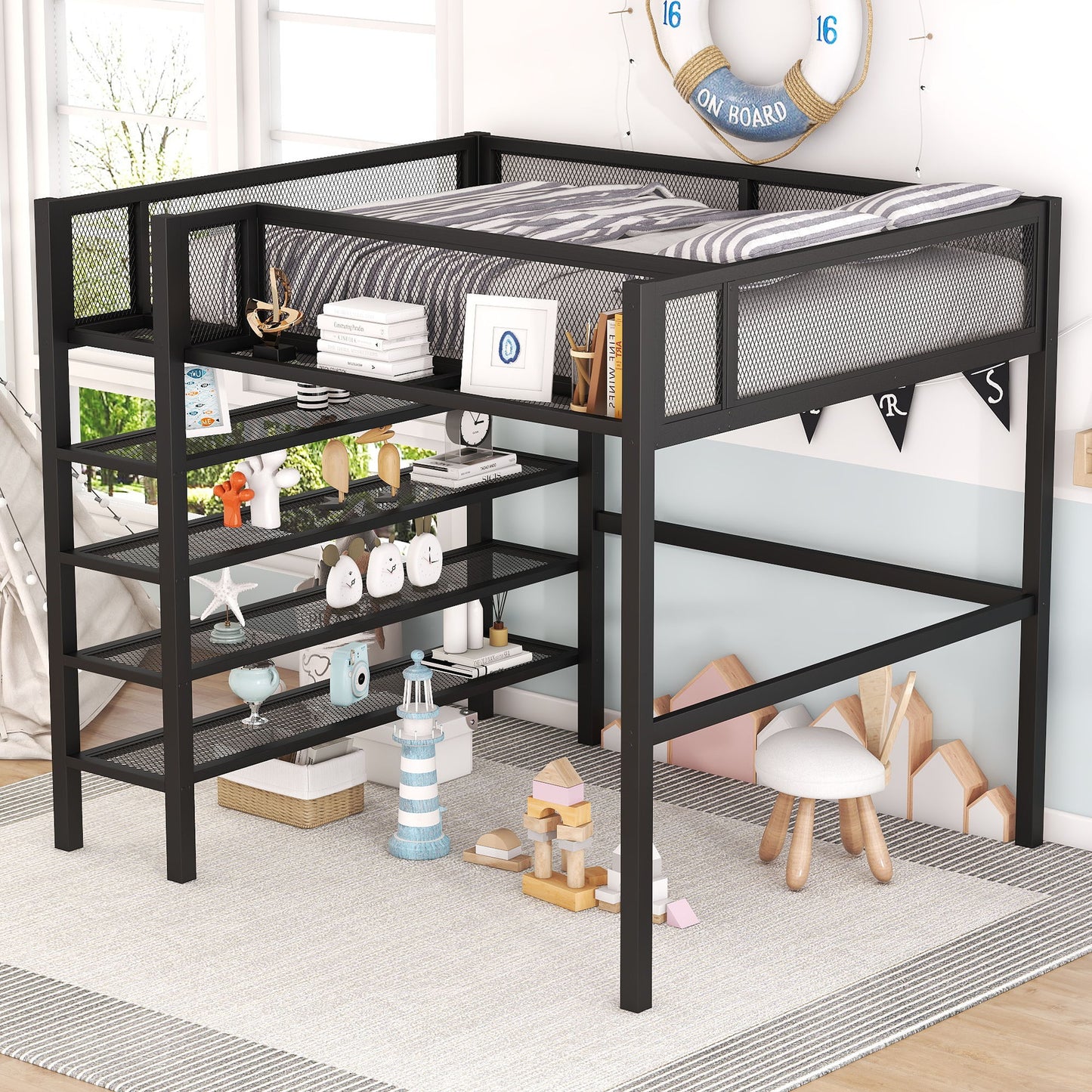 Loft Bed With 4 Tier Shelves And Storage
