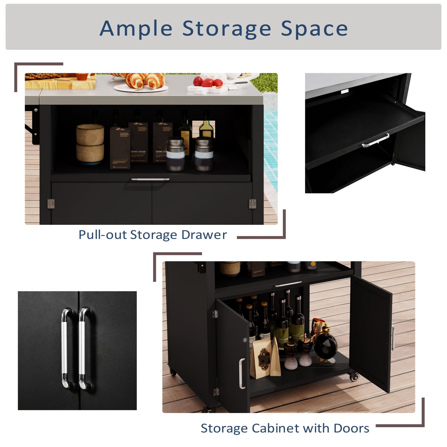 Versatile Outdoor Cabinet With Folding & Expandable Work Surfaces, Ample Storage Space, And Lockable Wheels - Matte Black