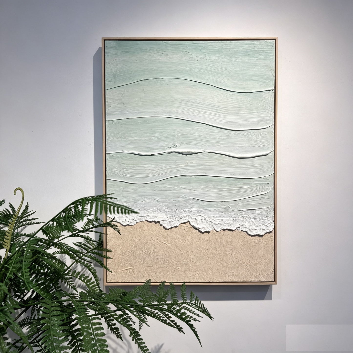 Framed Beach Wall Art, Textured Canvas Painting, Neutral Ocean Decor For Living Room - Beige / Blue