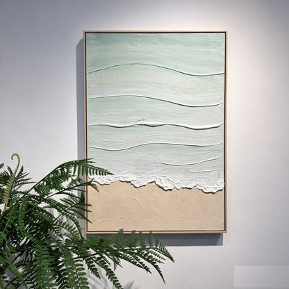 Framed Beach Wall Art, Textured Canvas Painting, Neutral Ocean Decor For Living Room - Beige / Blue