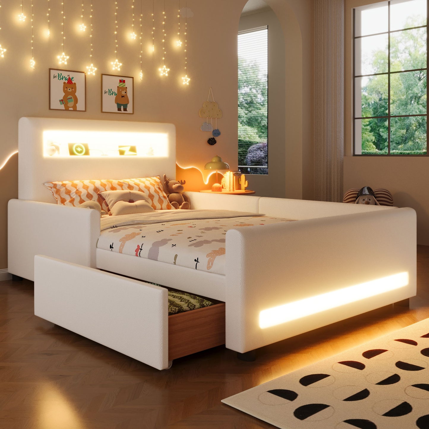 Upholstered Platform Bed With Drawer, LED Light Strip, USB Port