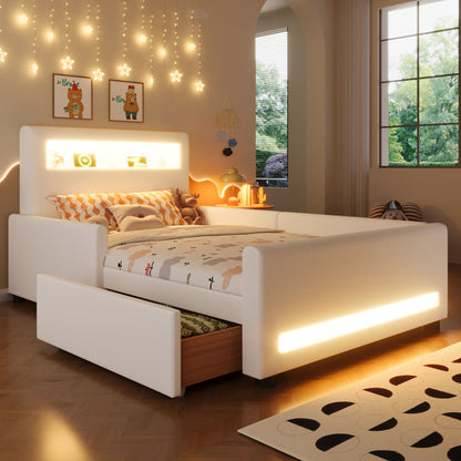 Upholstered Platform Bed With Drawer, LED Light Strip, USB Port