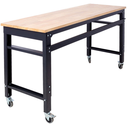 Wide Rolling Workbench For Garage, Adjustable Height, Workshop Tool Bench, Metal With Rubber Wood Top