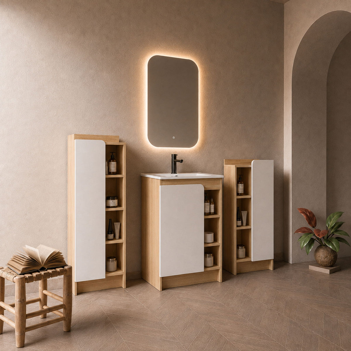 24" Bathroom Vanity With Sink & Tall And Low Side Cabinets, Vanity Set With Thin Edge Sink & Interchangeable Door Panels, 3 Piece Bathroom Storage Set - Black / Light Oak / White