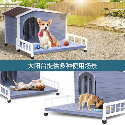 Large Wooden Dog House Indoor Outdoor With Terrace And Open Waterproof Asphalt Roof, Outdoor Dog House With Raised Floor, Windows And Door Curtains, Suitable For Small And Medium Dogs - Gray