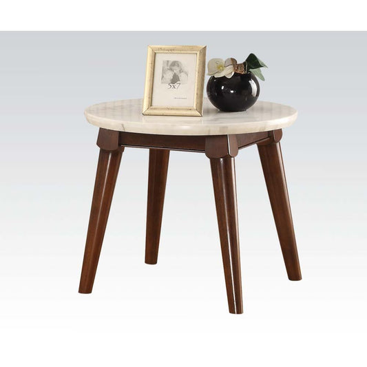 Gasha - End Table - White Marble & Walnut