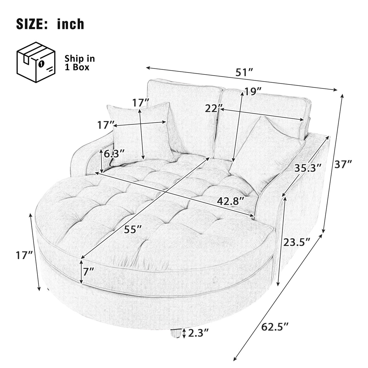 Modern Chaise Lounge Upholstered Sofa Couch With Tufted Seat And Detachable Pillows For Living Room