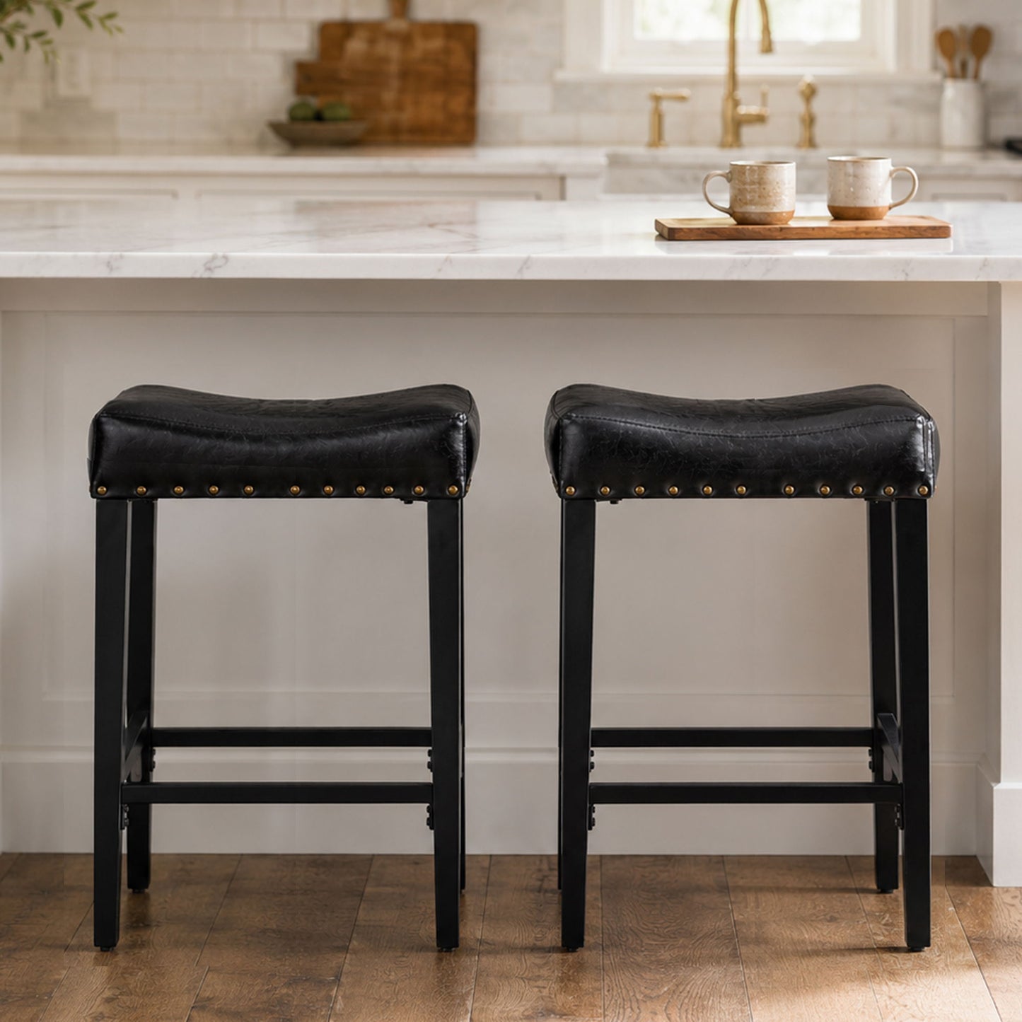 Bar Stool With Brass Nailhead Trim (Set of 2) - Black