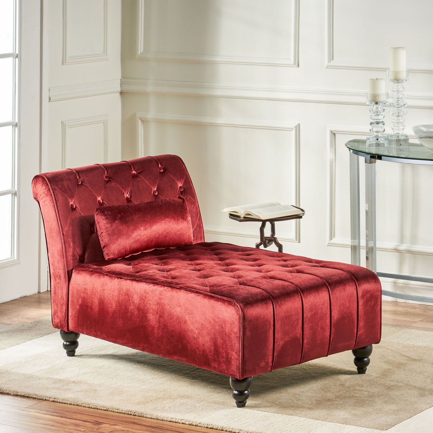 Ethereala - Upholstered Velvet Chaise Lounge With Button Tufted - Garnet