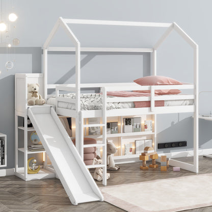 House Loft Bed With Slide, Storage Shelves And Light, Climbing Ramp