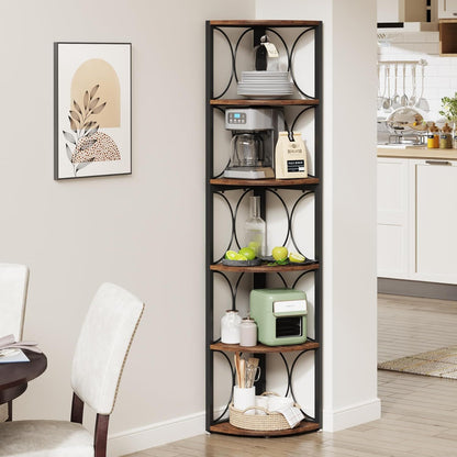 Tall 6 Tier Corner Bookshelf Storage Rack For Living Room - Rustic Brown
