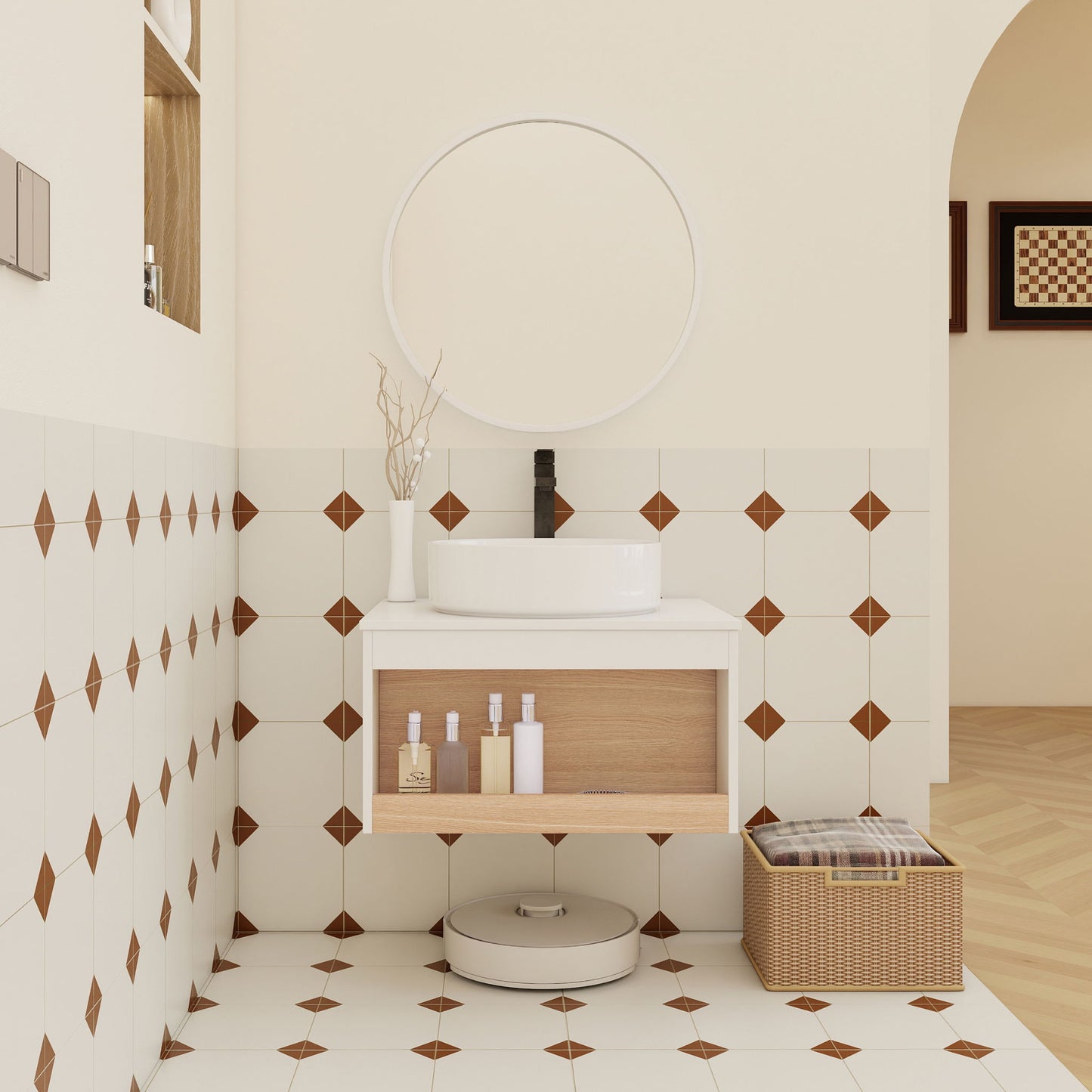 Floating Bathroom Vanity With Glossy Round Vessel Sink