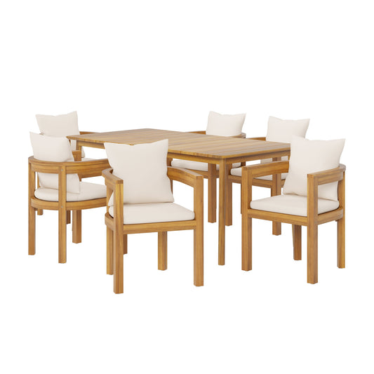 Abaco - Outdoor Patio 7 Pieces Dining Set With Chairs And Table - Teak / Beige