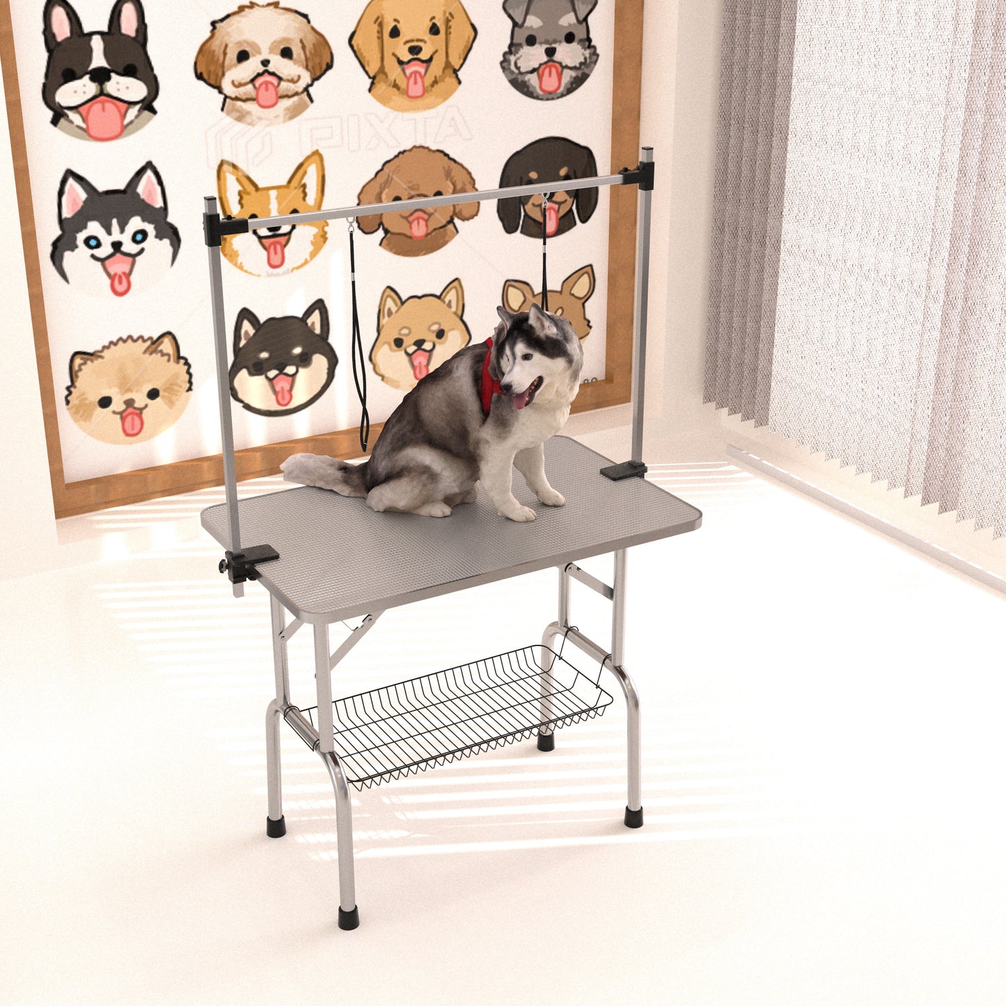 Folding Dog Pet Grooming Table Stainless Steel Frame Rubber Mat On Board With Adjustable Arm And Clamps Pet Dog Cat Grooming Table