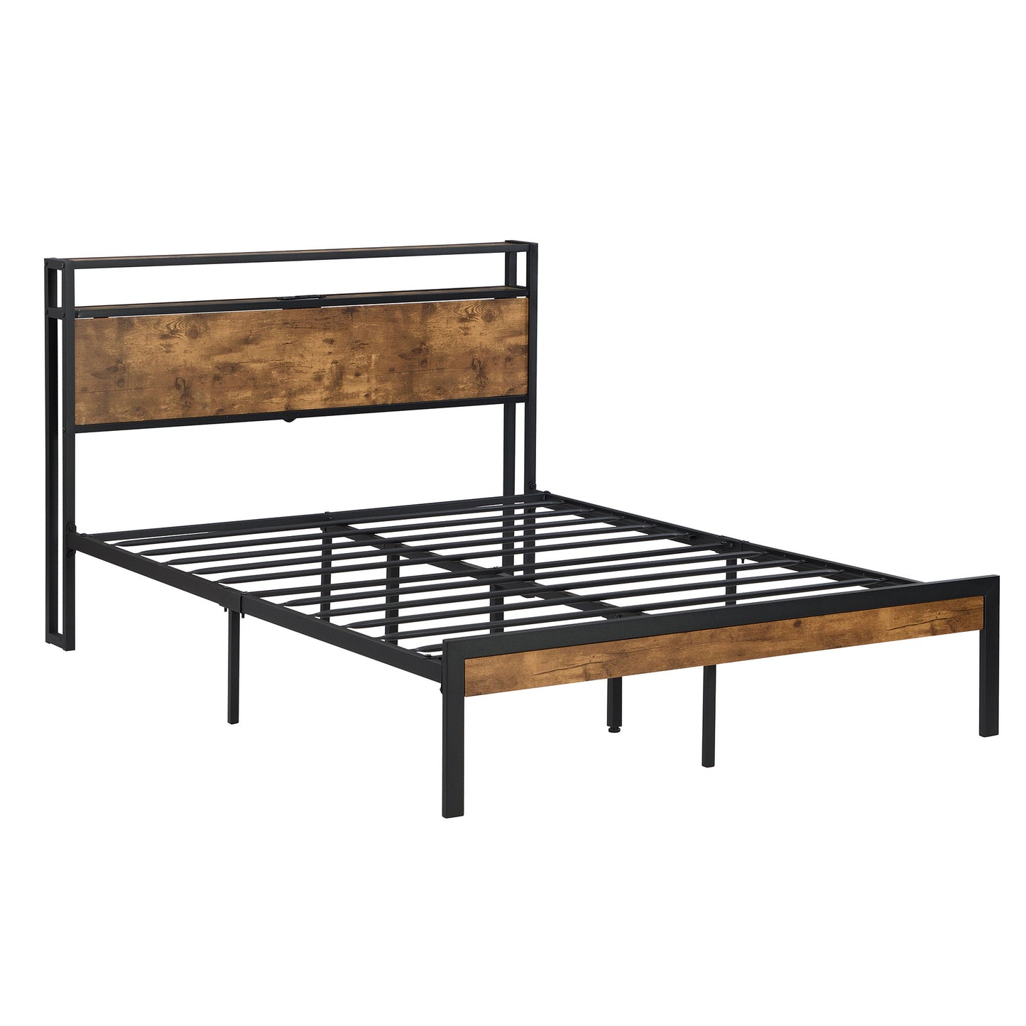 Metal Platform Bed Frame With Wooden Headboard And Footboard With USB Liner, No Box Spring Needed, Under Bed Storage