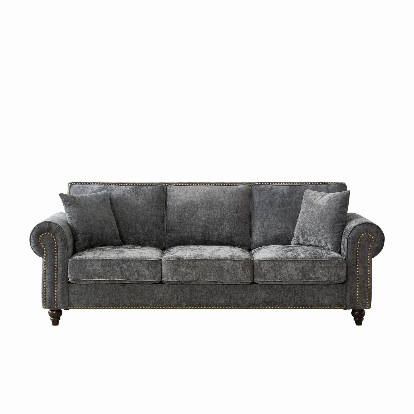 3 Seater Sofa With Tufted Upholstery, Rolled Arms, Nailhead Trim