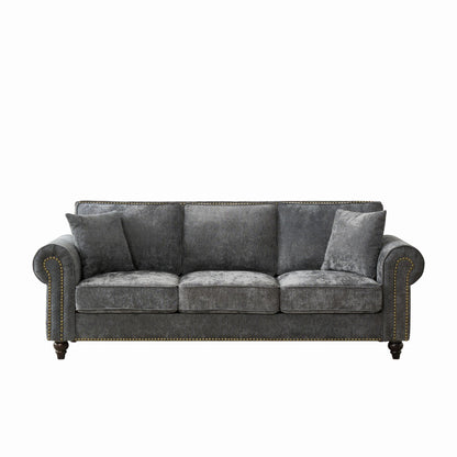 3 Seater Sofa With Tufted Upholstery, Rolled Arms, Nailhead Trim