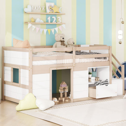 Low Loft Bed With Stair, Drawer, And Shelf