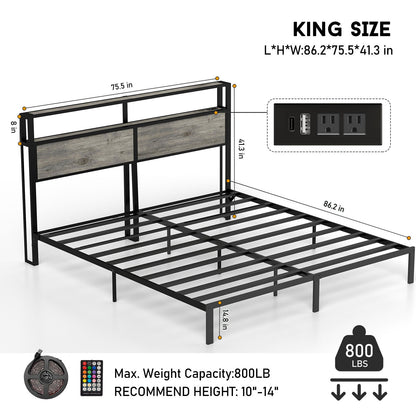 Bed Frame With Headboard, LED Lights & Charging Station