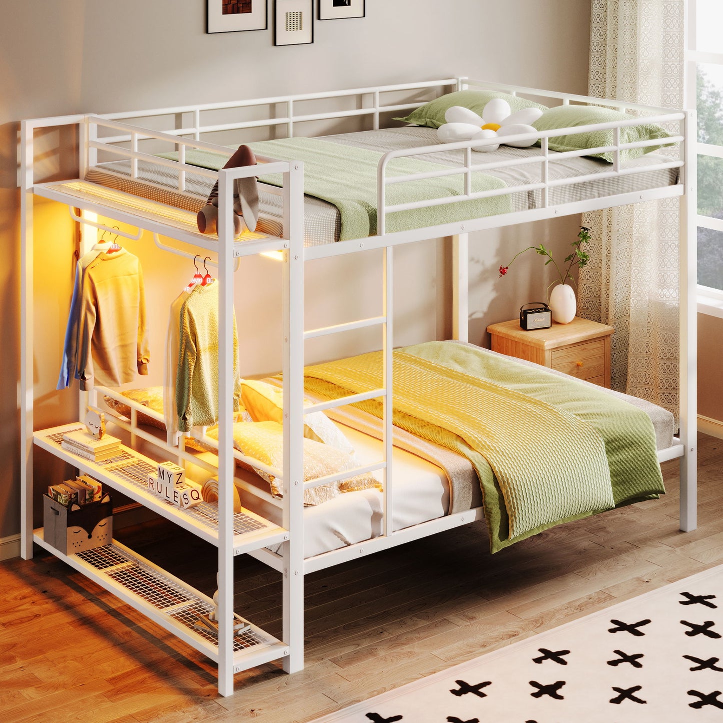 Bunk Bed With Storage Shelves, Clothes Hooks, LED Light