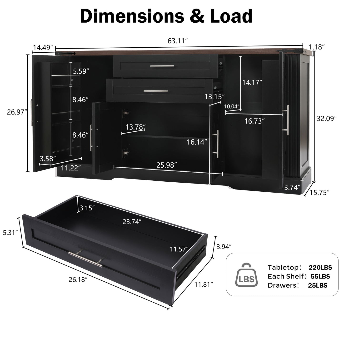 Barn Door Storage Cabinet With 2 Drawers & Door Rack, Adjustable Shelves