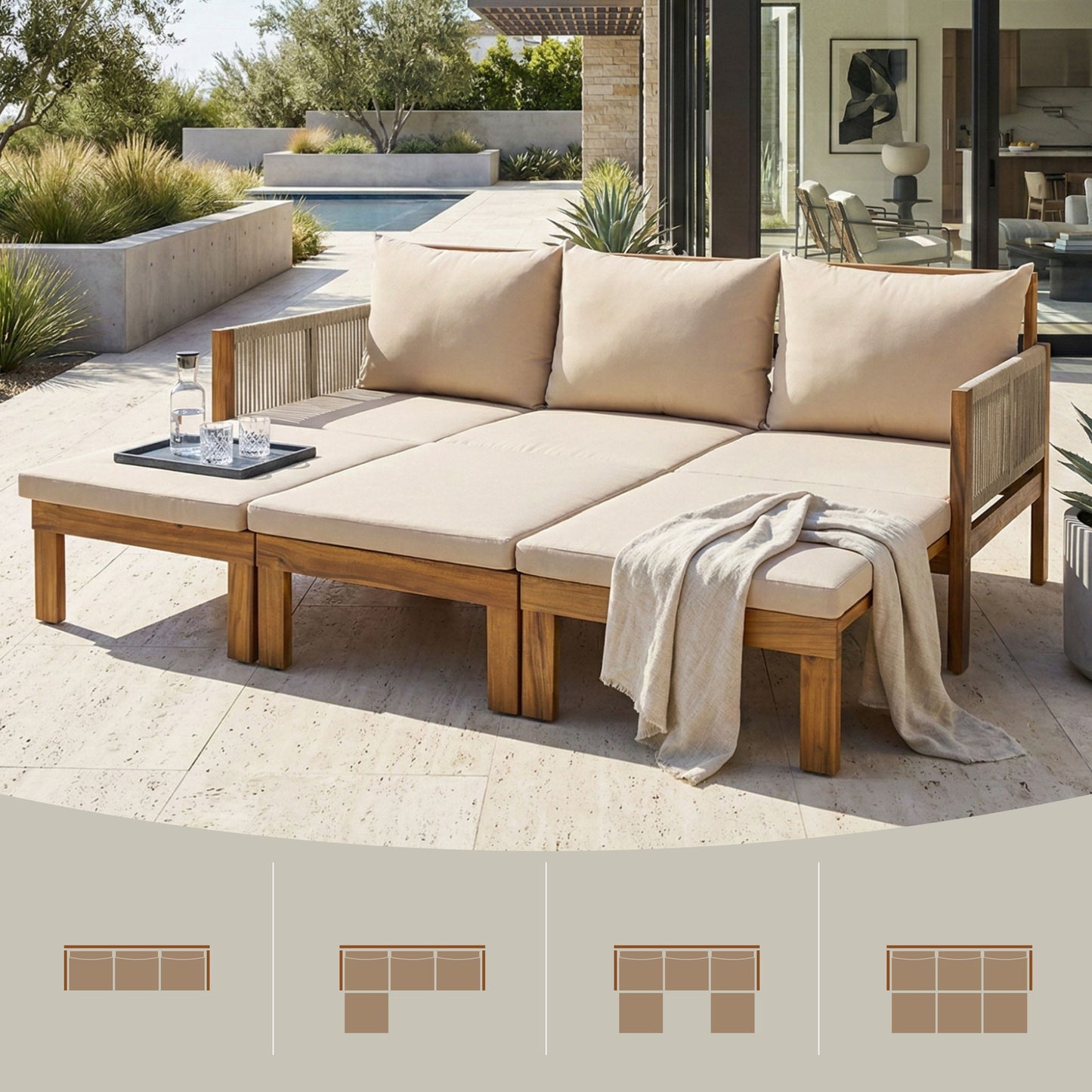 Outdoor Daybed, Patio Sofa Bed, 3 Seat Convertible Sunbed