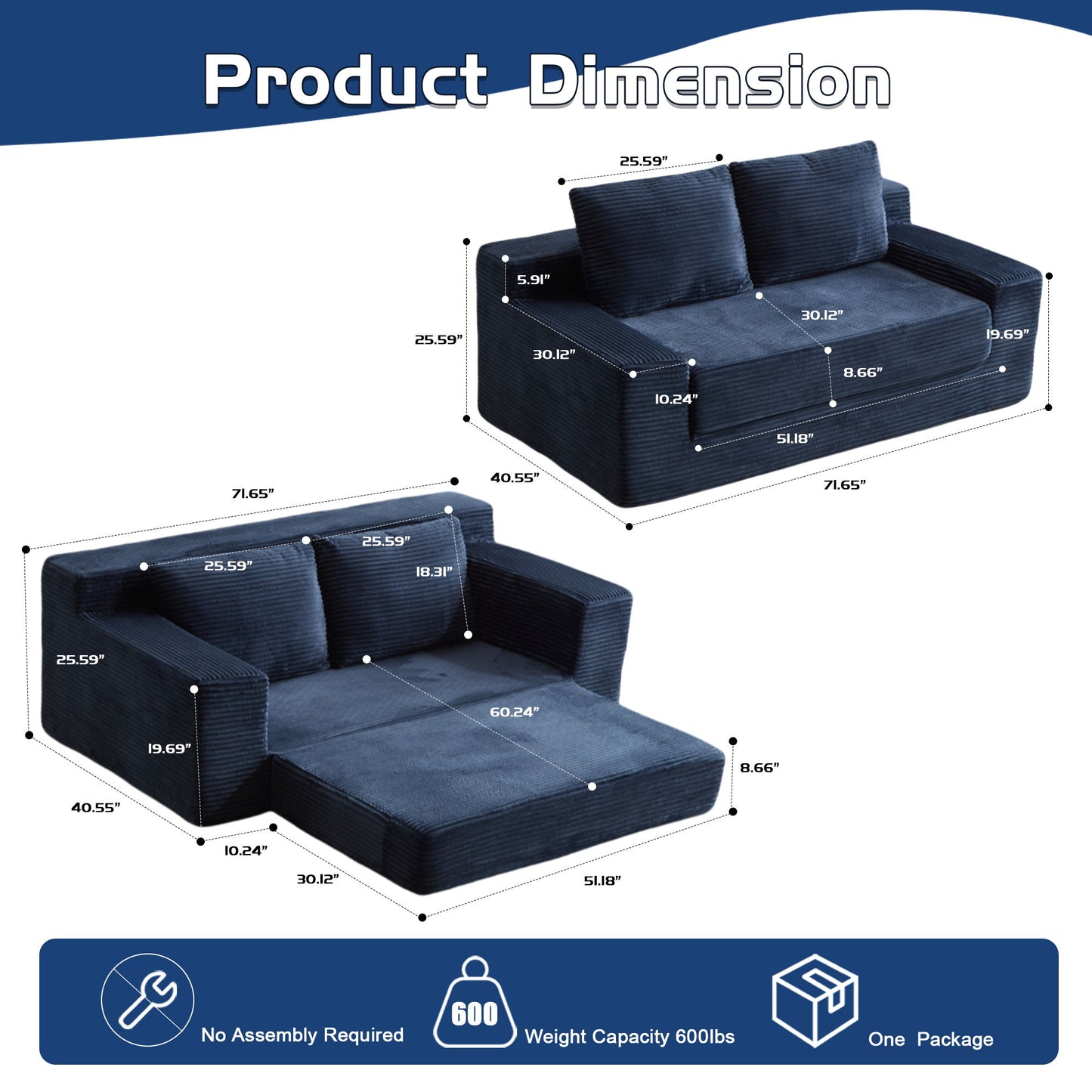 Comfortable Deep Seat Loveseat Sofa Bed, Reversible Cushion With Pillows