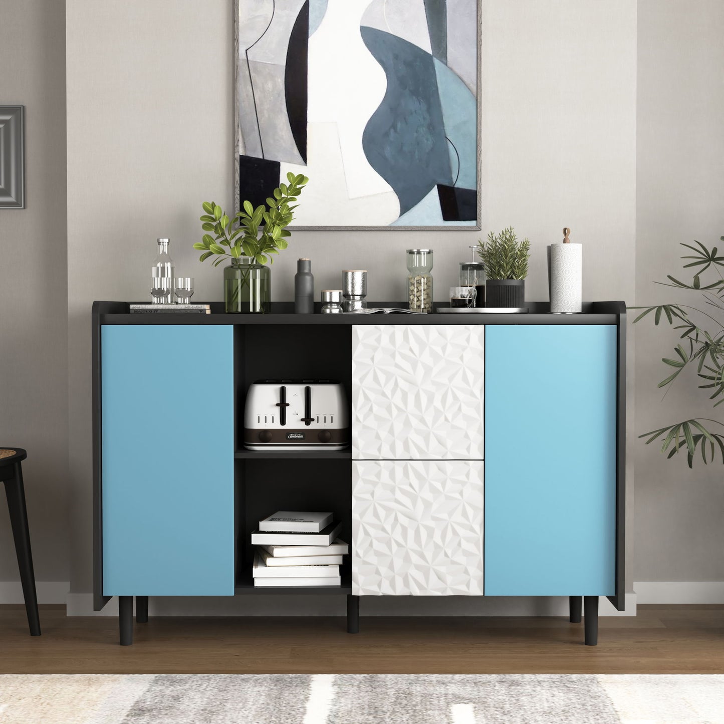 Modern Sideboard Buffet Cabinet With Red Doors And Unique Panel Styling