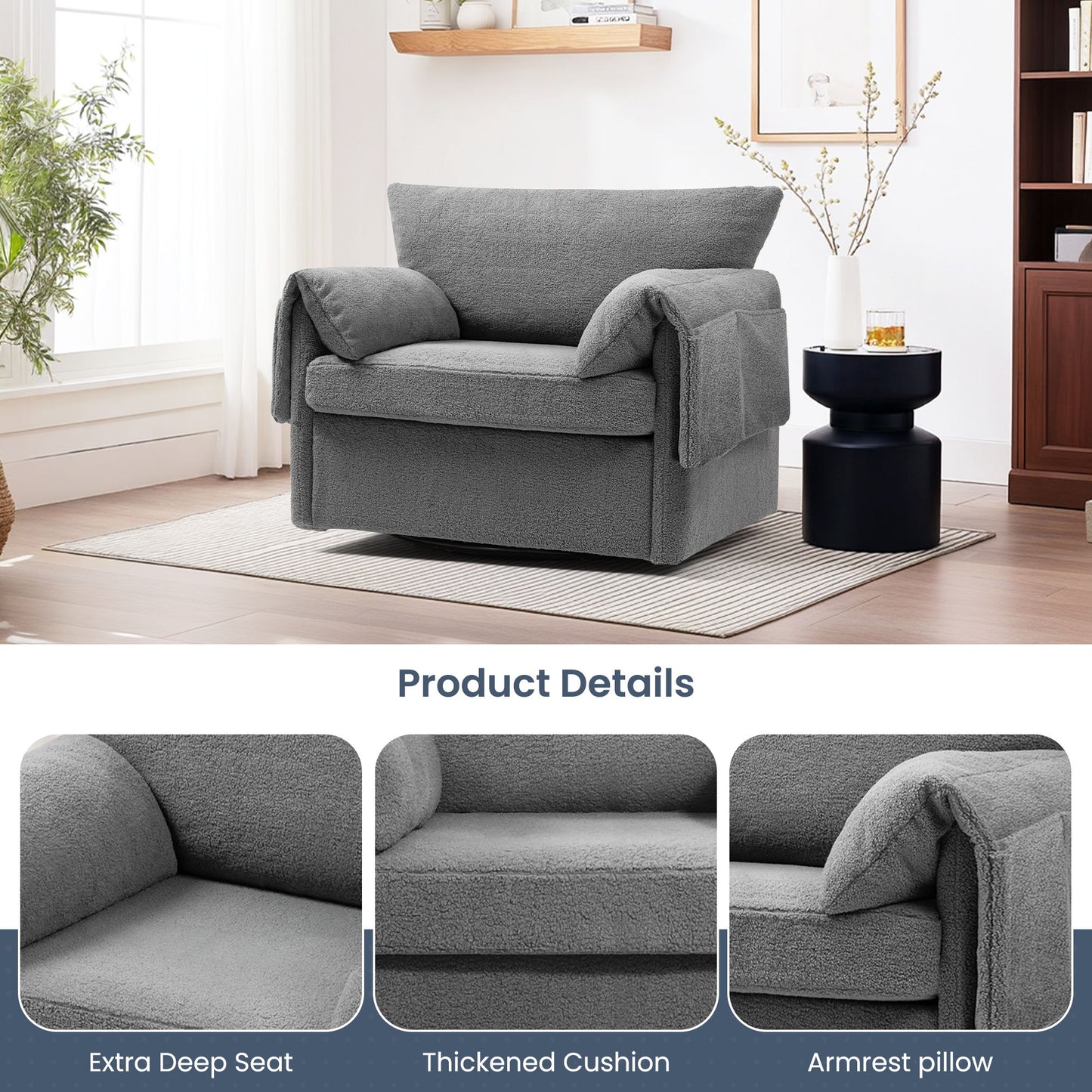 Oversized Swivel Armchair Modern Chair & Single Sofa Lounge, Comfortable Seating For Living Room