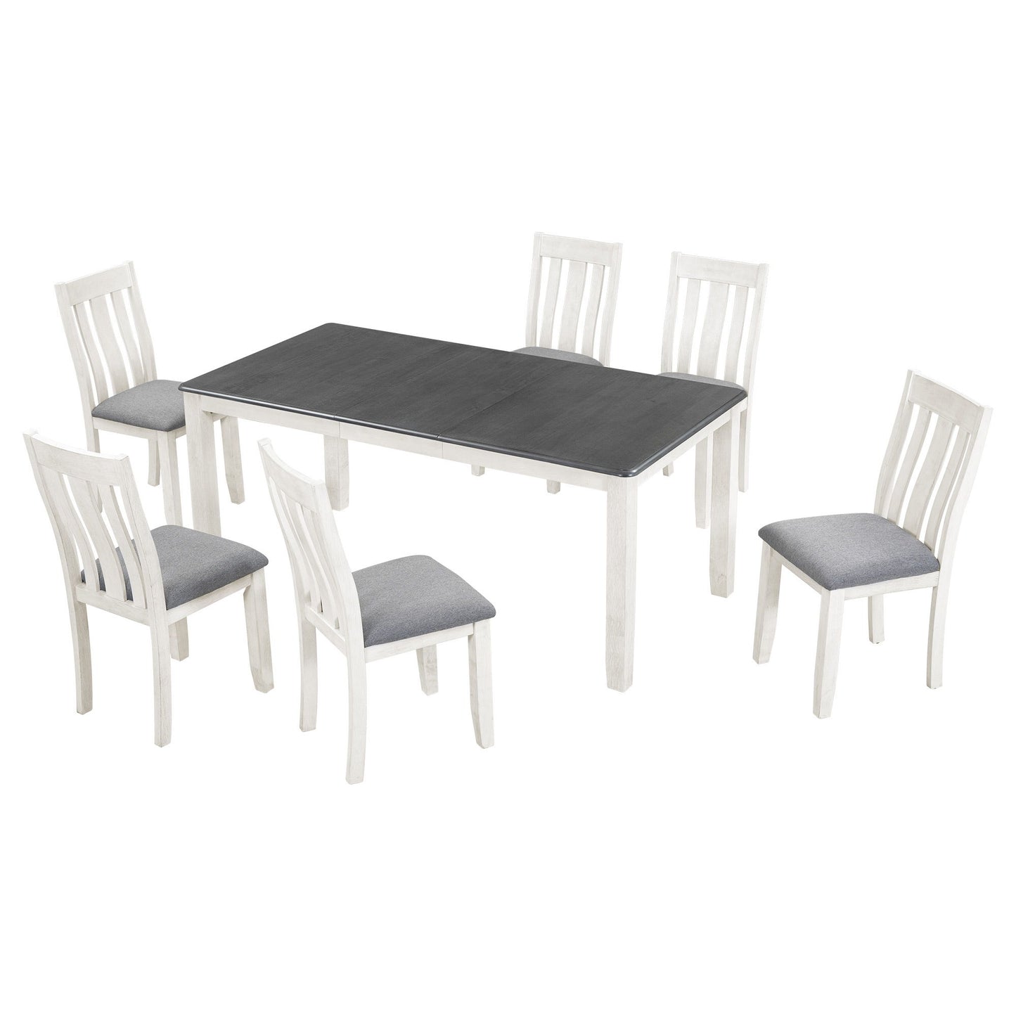 Retro Style 7 Piece Dining Table Set With Extendable Table And 6 Upholstered Chairs - Gray / White