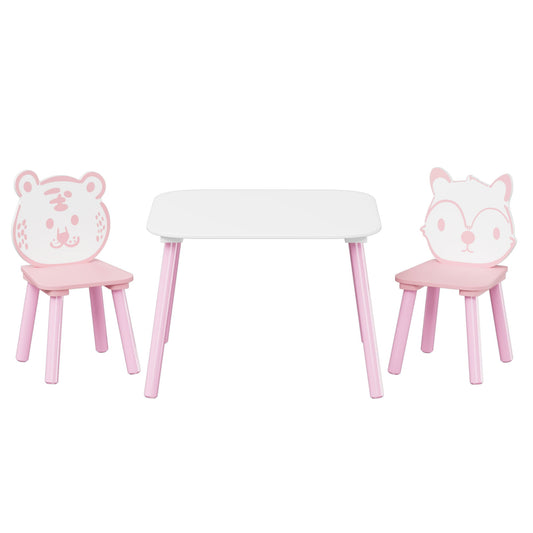Table And Chair Set, 3 Piece Wooden Toddler Desk With Animal Backrest - Pink / White