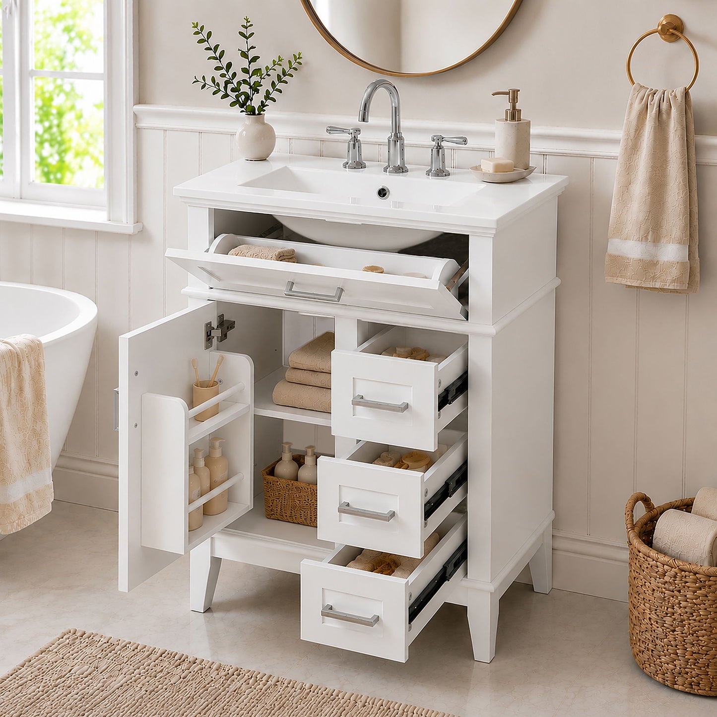 Modern Bathroom Vanity With Sink, Flip Drawer & 3 Drawers, Soft Close Hinges, Adjustable Shelf