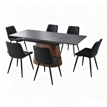 Extendable Dining Table With Cone Base And 6 Dining Chairs - Brown / Black